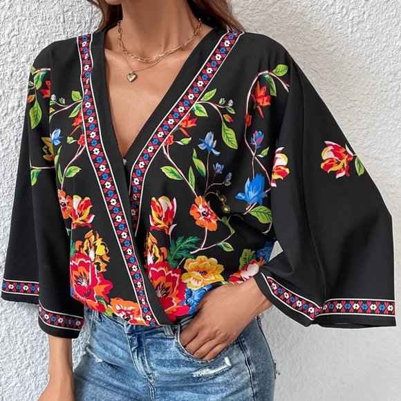 Black Boho Womens Floral Print Batwing Sleeve Wrap Blouse - Picture 3 of 5